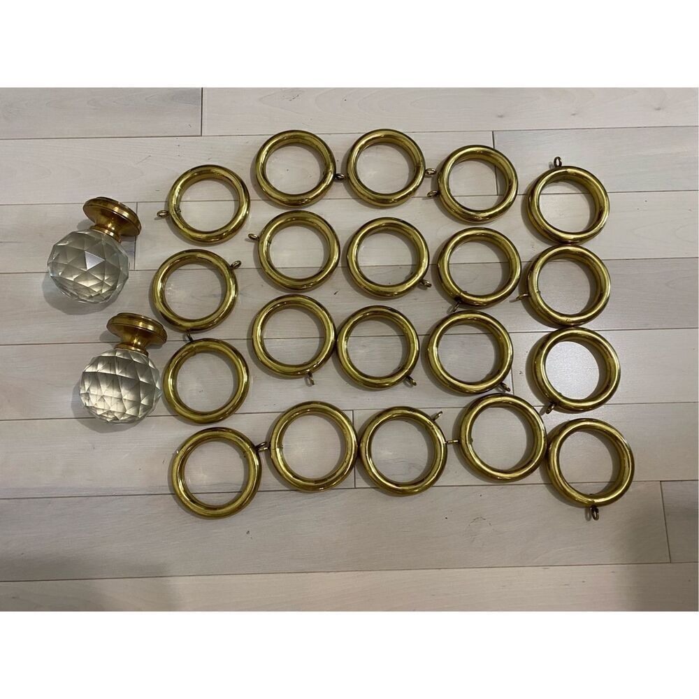 Vintage Heavy Duty Curtain Rod with Brass Rings and Cut Dimond Glass Finials